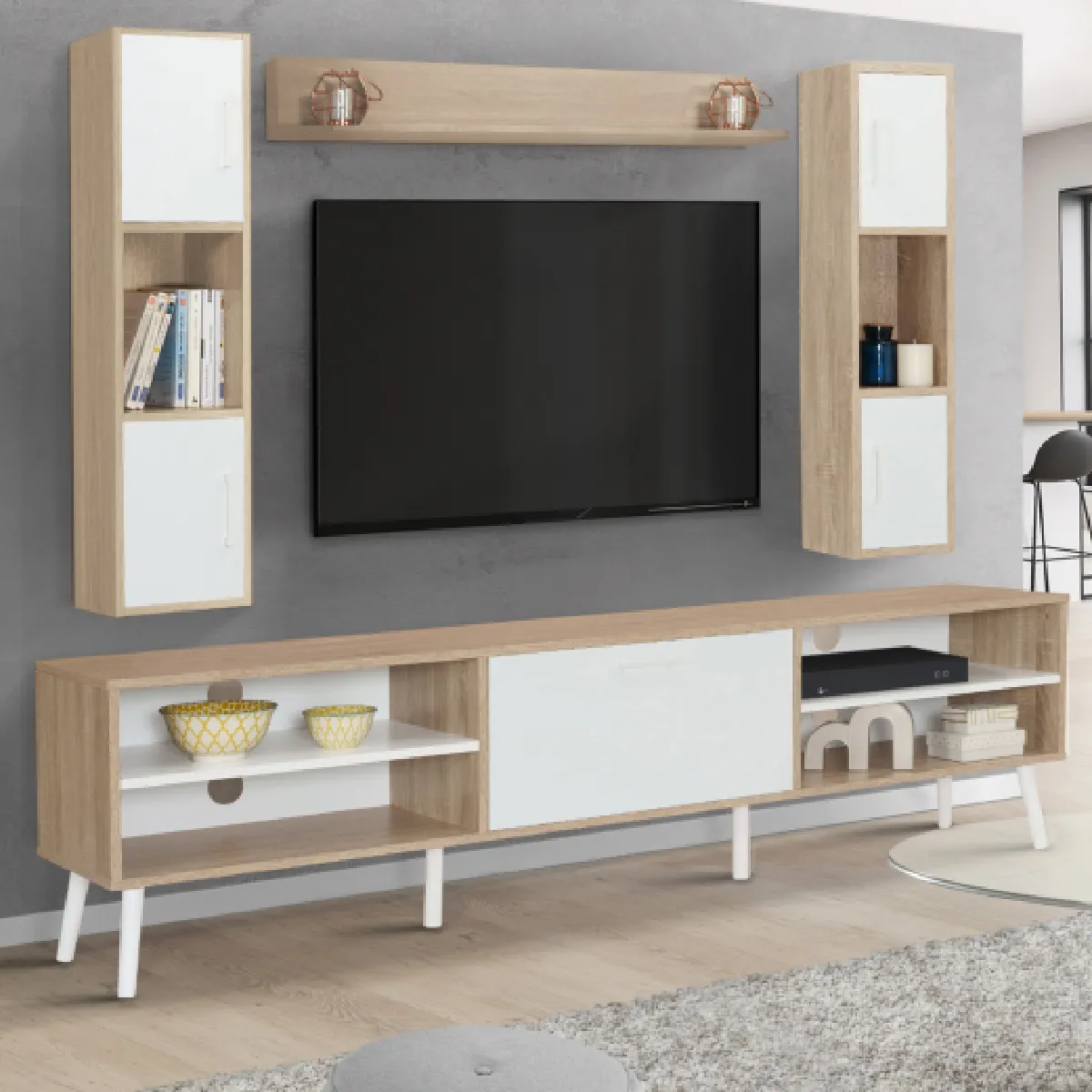 Idmarket MARKET Meuble TV HOUSTON Bois/Blanc
