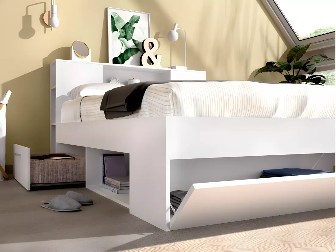 Lit avec tête de lit rangements et tiroirs - 140 x 190 cm - Coloris : Blanc + Sommier - LEANDRE