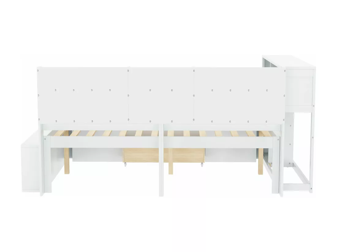 Lit 140x200cm en MDF - avec rangement multifonction et un petit bibliothèque amovible - avec sommier à lattes - Blanc