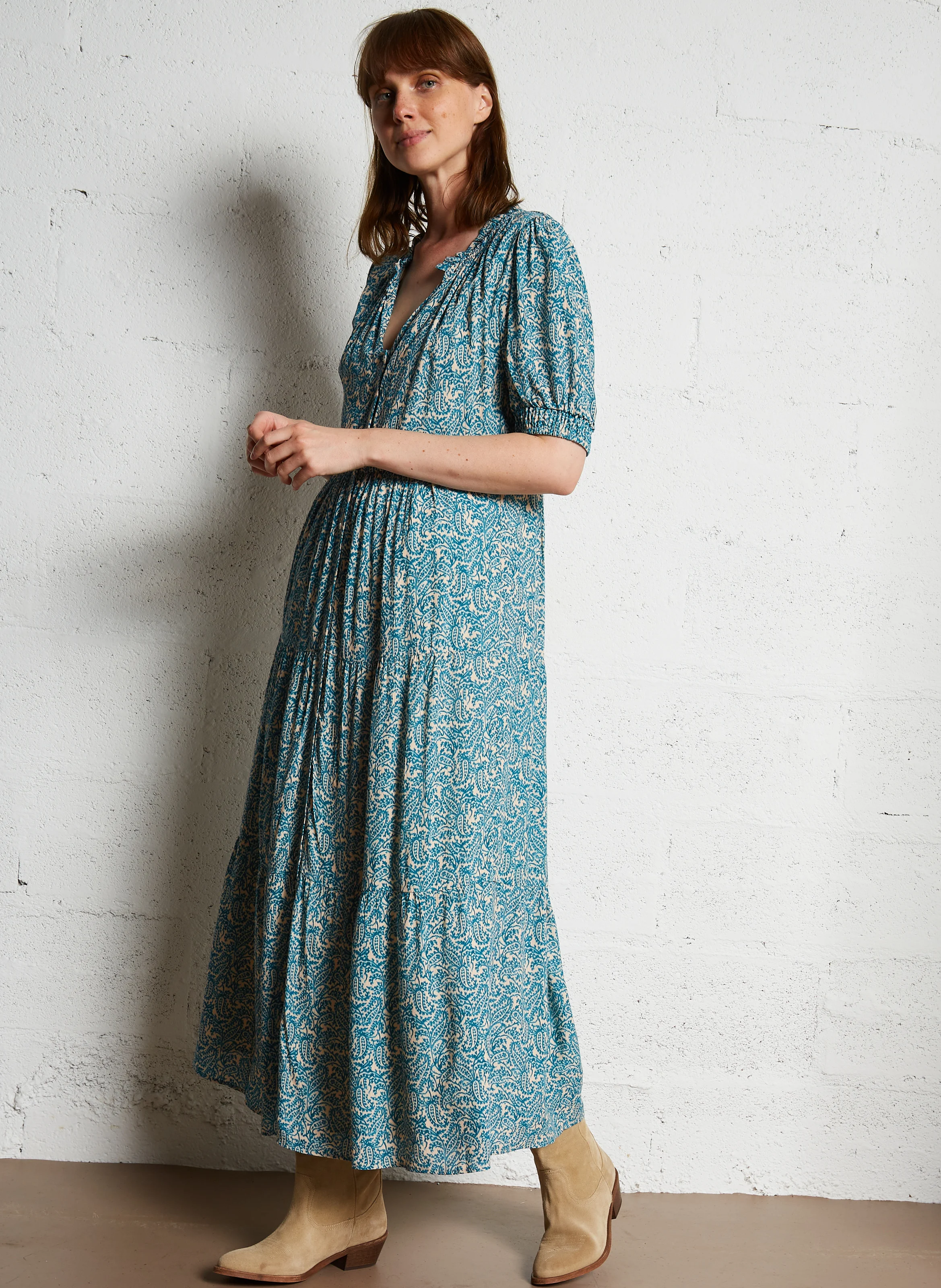 MANALE - Robe longue col tunisien imprimé | Bleu