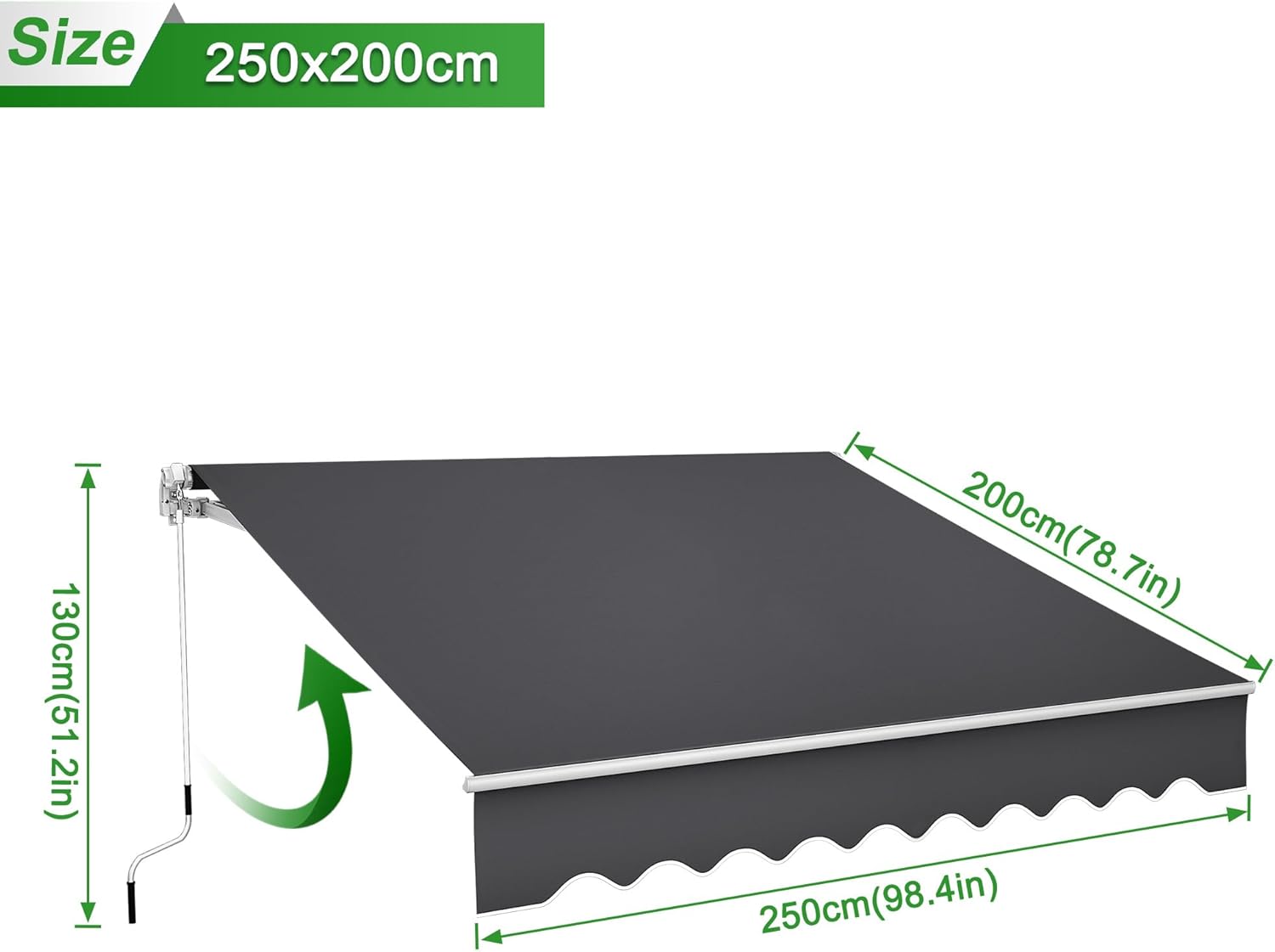 250x200cm Gelenkarmmarkise Markise aus Alu und Polyester Sonnenmarkise Balkonmarkise Sonnenschutz Wasserdicht Sichtschutz Sonnensegel Anti-UV mit Handkurbel für Terrasse Balkon Dunkelgrau
