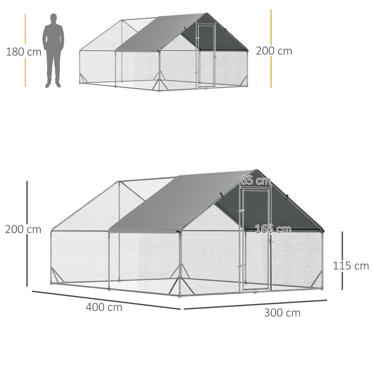 PawHut Kippenhok, Buitenren, 3 x 4 x 2 m, Staal, Zilvergrijs