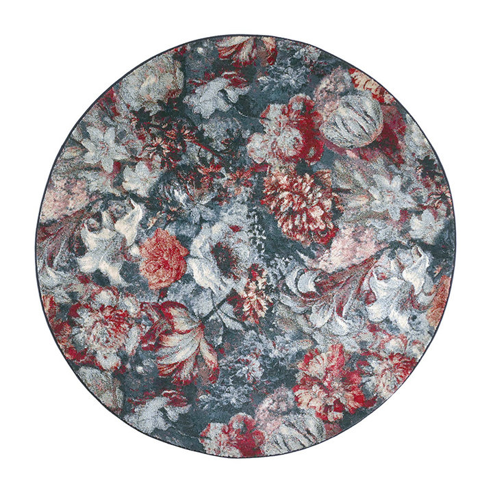 Rond Bloemen vloerkleed - Flores Blauw/Rood | Hoge kwaliteit