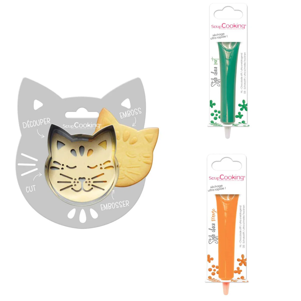 Kit pour biscuit en relief Chat + 2 Stylos au chocolat vert et orange