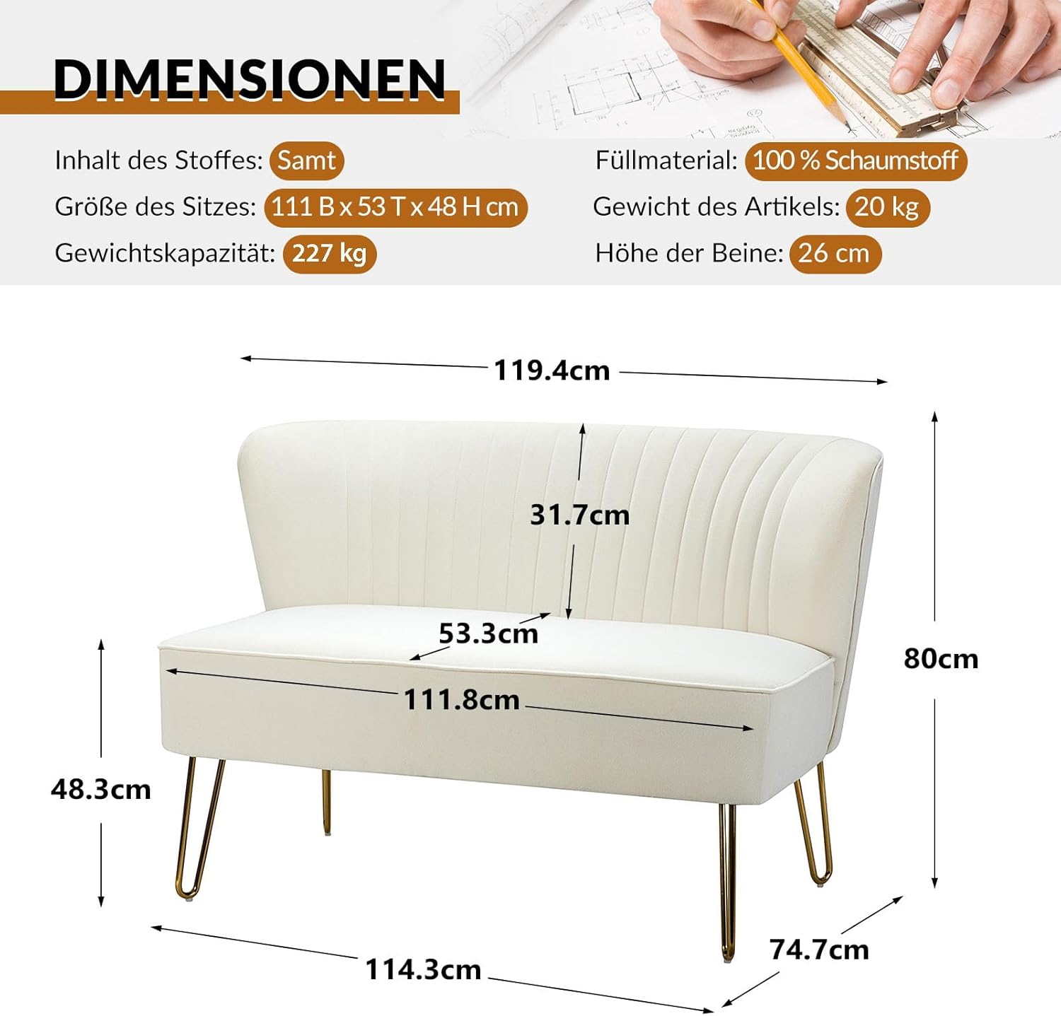 HULALA HOME Sofa 2 Sitzer Lounge Sofa Klein für Jugendzimmer Wohnzimmer Couch aus Samt mit goldenen Metallbeinen für Schlafzimmer, 114 x 74 x 79 cm, Weiß