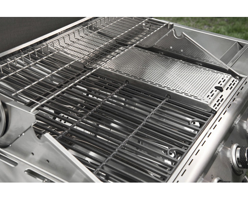 Nexgrill Evolution 4-pits gasbarbecue, zwart, inclusief zijtafel, warmhoudrek, dekselthermometer en gietijzeren grillrooster.