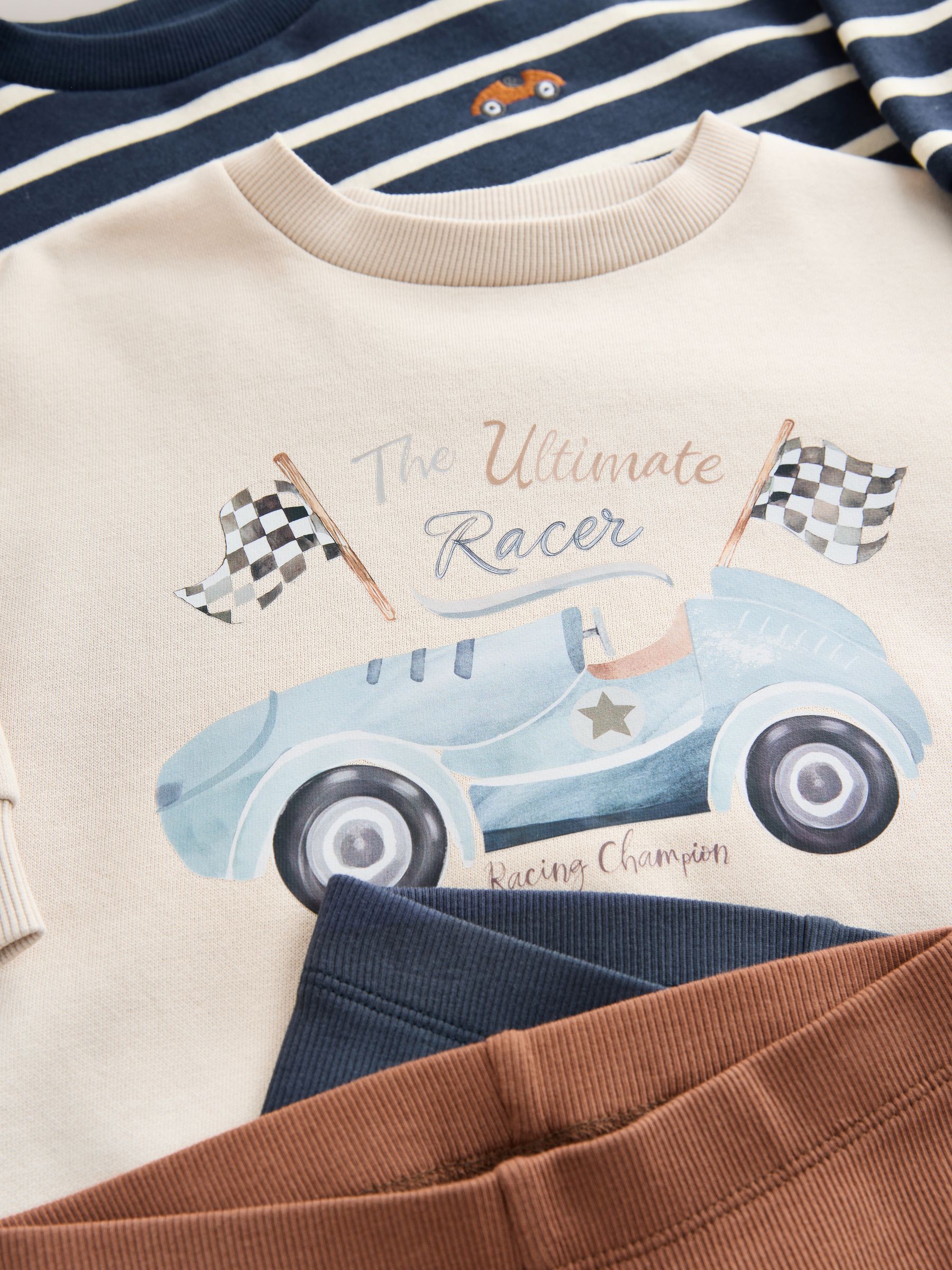 Blue/White Stripe/Car - Set van 2 sweatshirts en leggings (3mnd -7jr)
