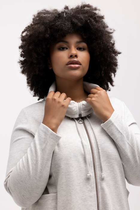 Long-Sweatjacke, Fischgrat, Volantsaum, Stehkragen