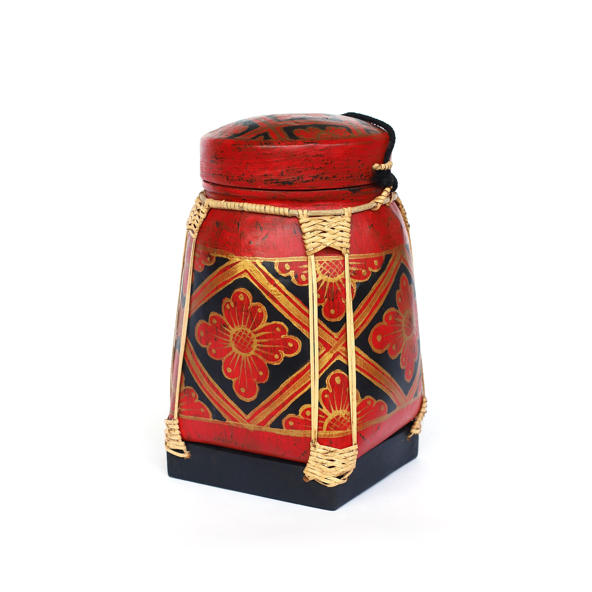 Reisbehälter aus Bambus, 'Blüten', rot-schwarz, B 17 cm, H 30 cm, T 17 cm, Aus Thailand von fischer's lagerhaus