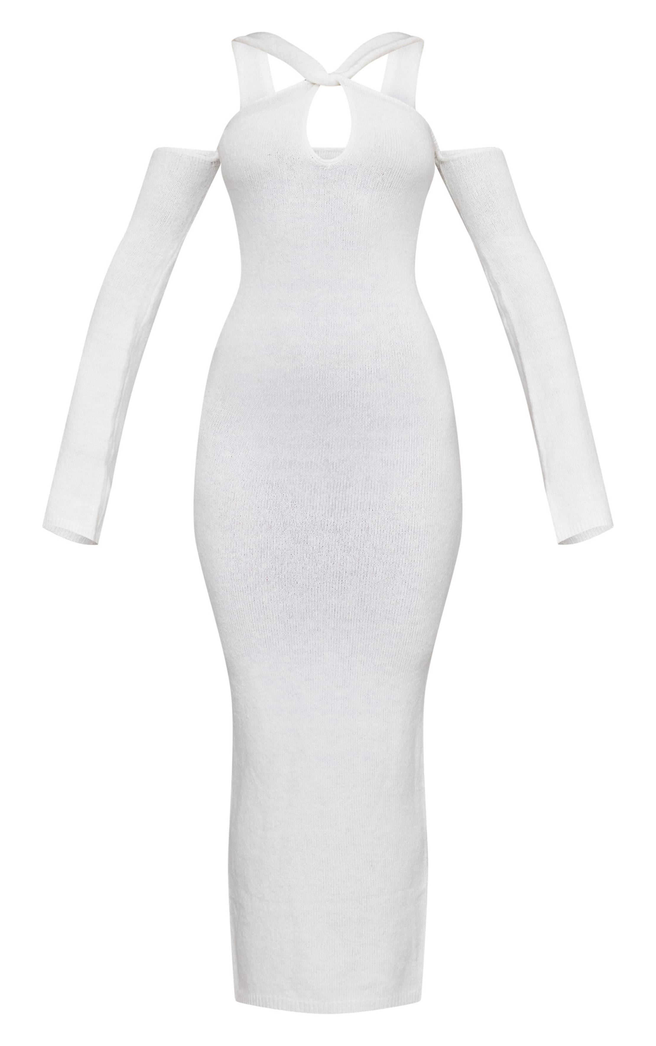 Crème Robe Longue En Maille Douce À Bretelles Et Découpes