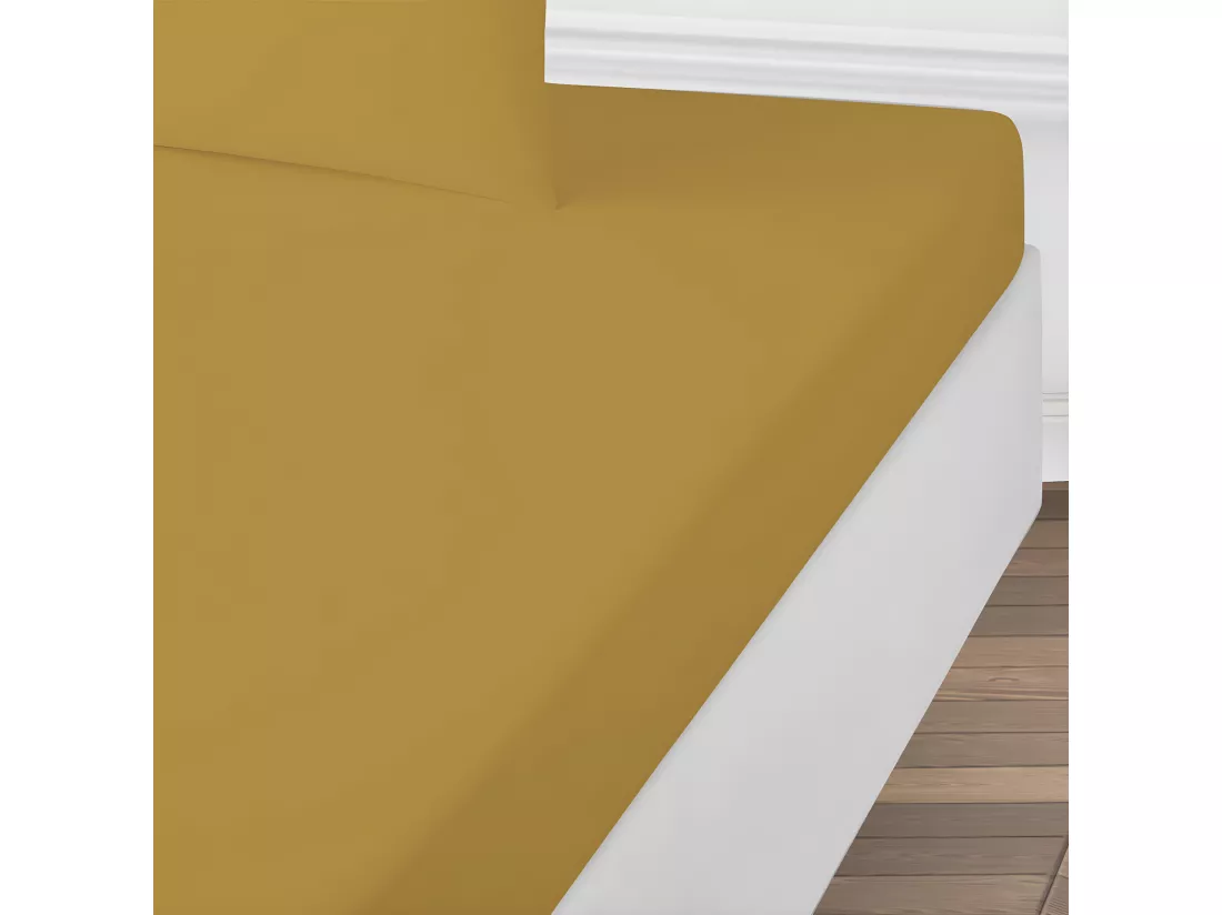 Drap housse uni en coton 57 fils miel 180x200cm
