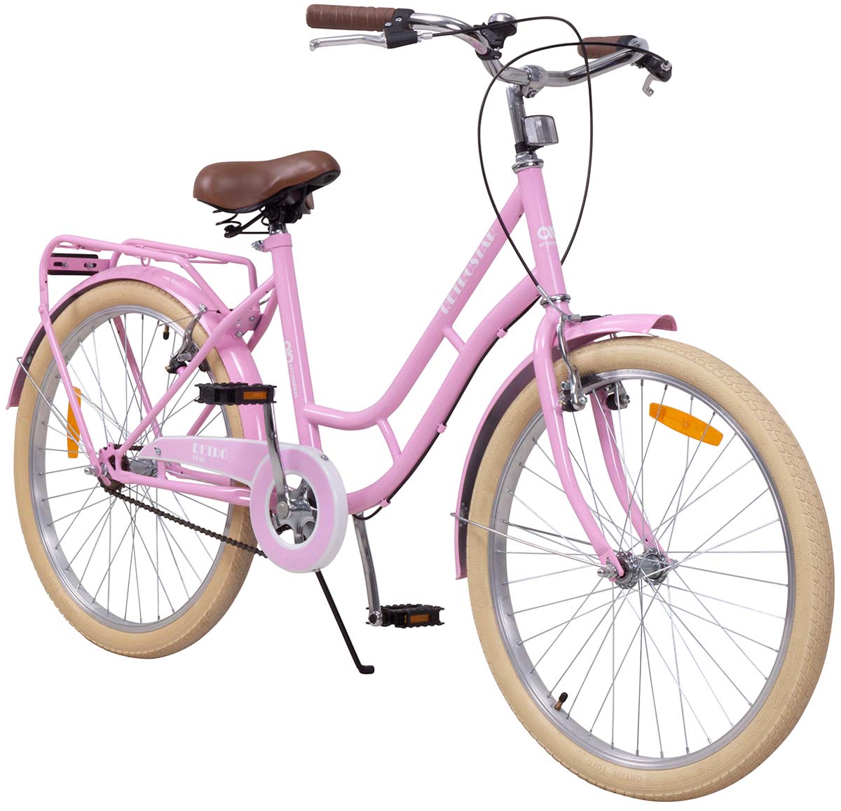 Actionbikes Kinderfahrrad Retrostar 24 Zoll, Rosa, Fahrradständer, Gepäckträger, Sattel gefedert
