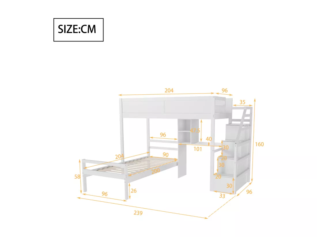 Lit superposé 90 x 200 cm Escalier de sécurité avec rangement caché Compartiment de rangement bureau Design clôture haute Blanc