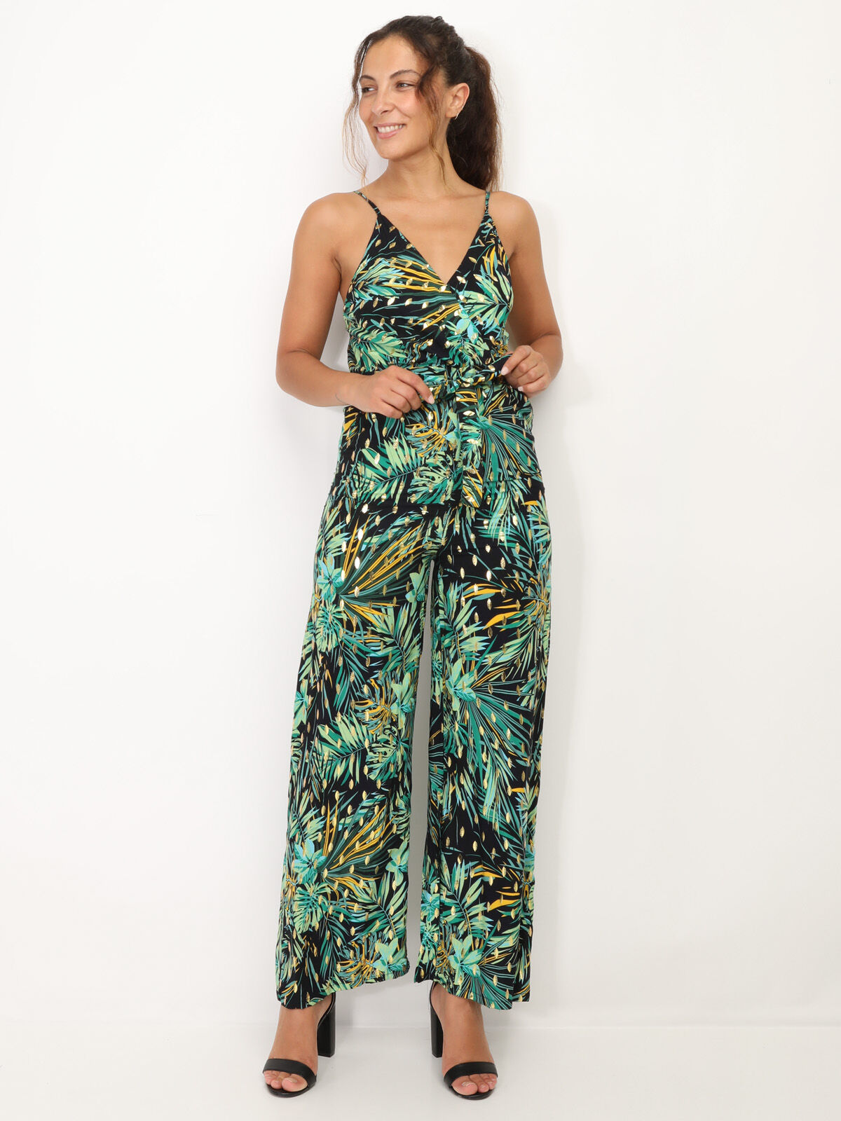 Combinaison à motif tropical et détails dorés- Noir