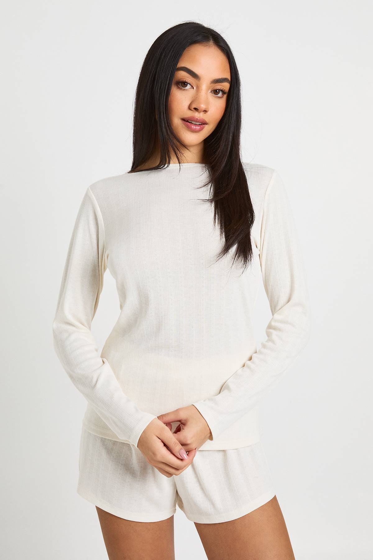 boohoo Ensemble Pyjama Haut Manches Longues et Short en Pointelle