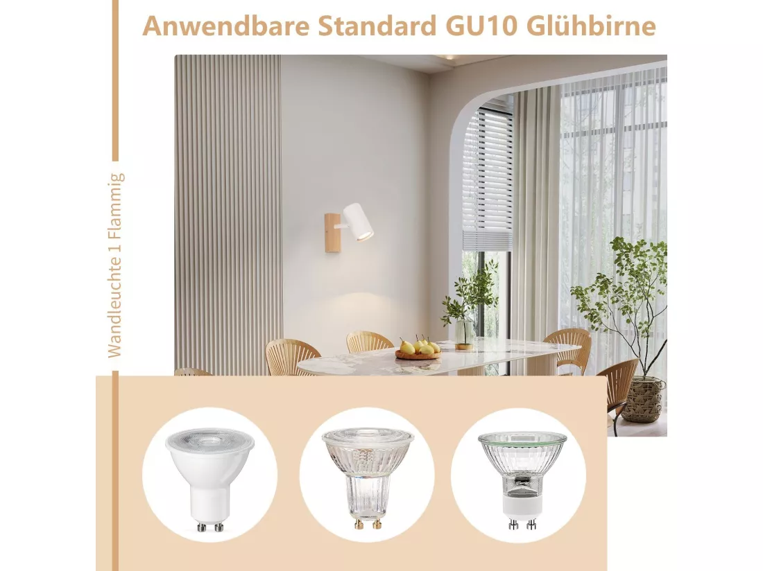 NETTLIFE Spot de Plafond 1 Ampoule Lampe de Couloir Bois Couloir Blanc Plafonnier Métal Moderne GU10 350° pour
