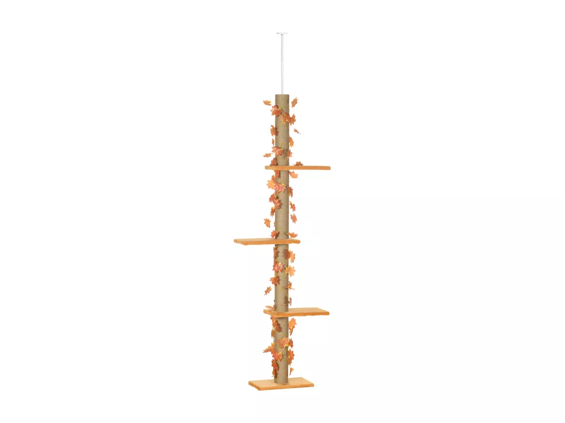 Arbre à chat tour H. réglable 202-242 cm - feuilles décoratives d'automne - jute naturelle peluche orange