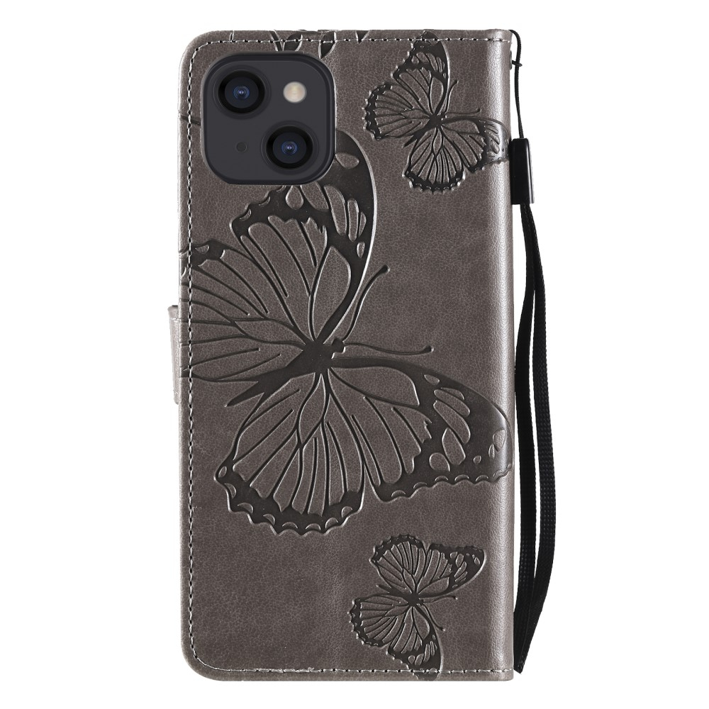 iPhone 13 Leder Tasche mit Kartenfach   Handschlaufe Schmetterling - Grau