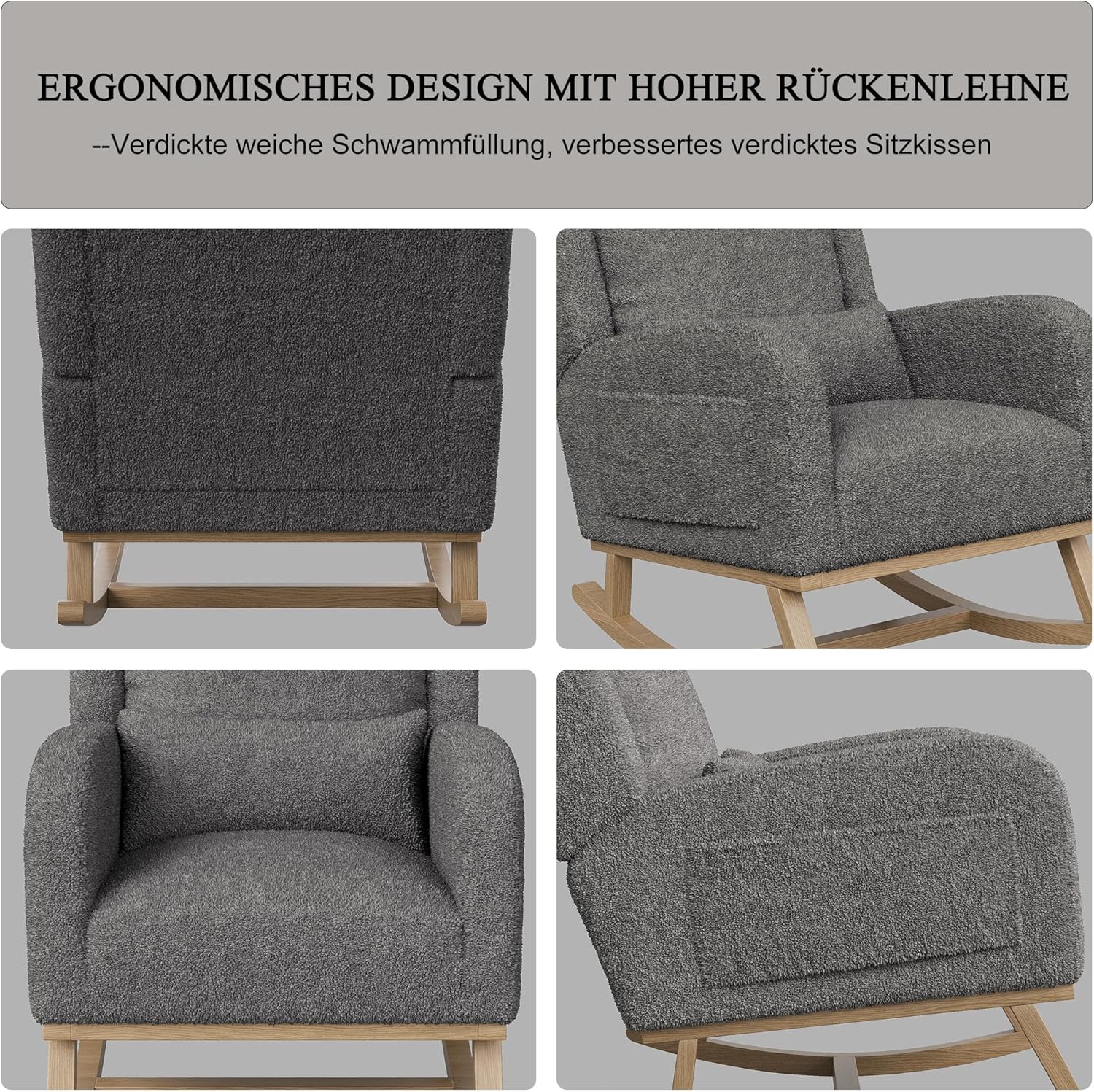 Schaukelstuhl,Stillsessel Schaukelsessel mit Lendenkissen,Teddy Velvet Gepolsterter Sessel mit Holzbeinen & Seitentaschen, Schwingsessel für Wohnzimmer Schlafzimmer Balkon (Grau-C)