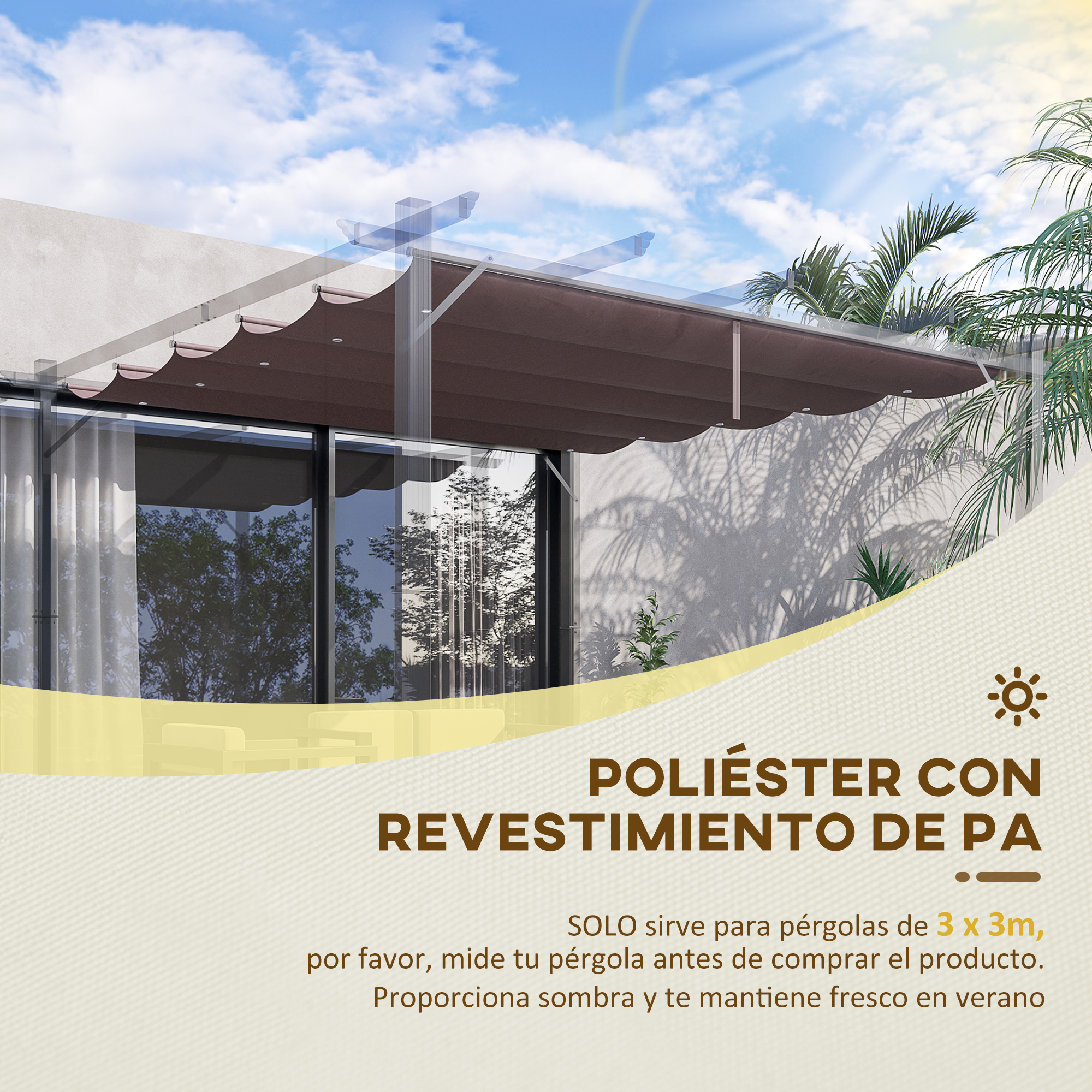 Cobertura retrátil Outsunny para pérgola, 2,5 x 2,55 m, para guarda-sol, toldo de tecido para gazebo de jardim com 10 orifícios de drenagem, cor café.