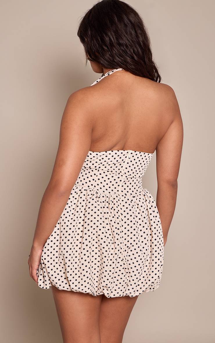 Cream Polka Dot Robe Mini Boule À Col Licou Ajustée À Pois
