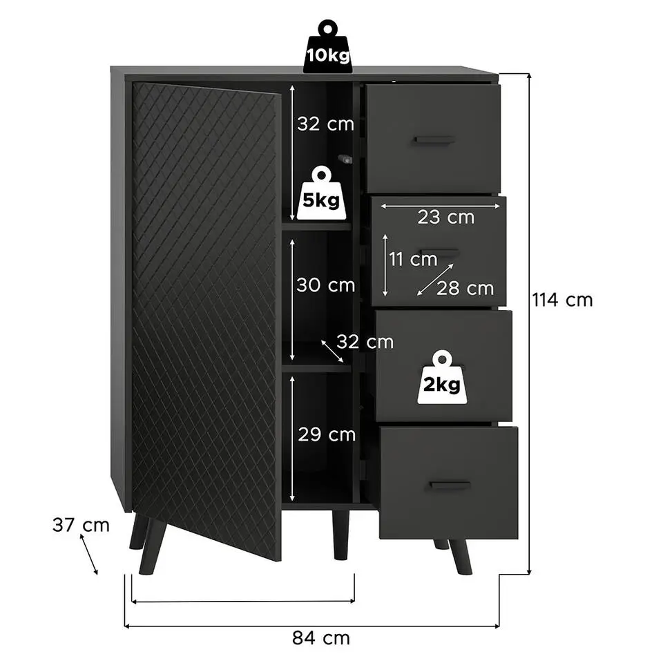 Hioshop Linea dressoir 4 laden 1 deur mat grijs