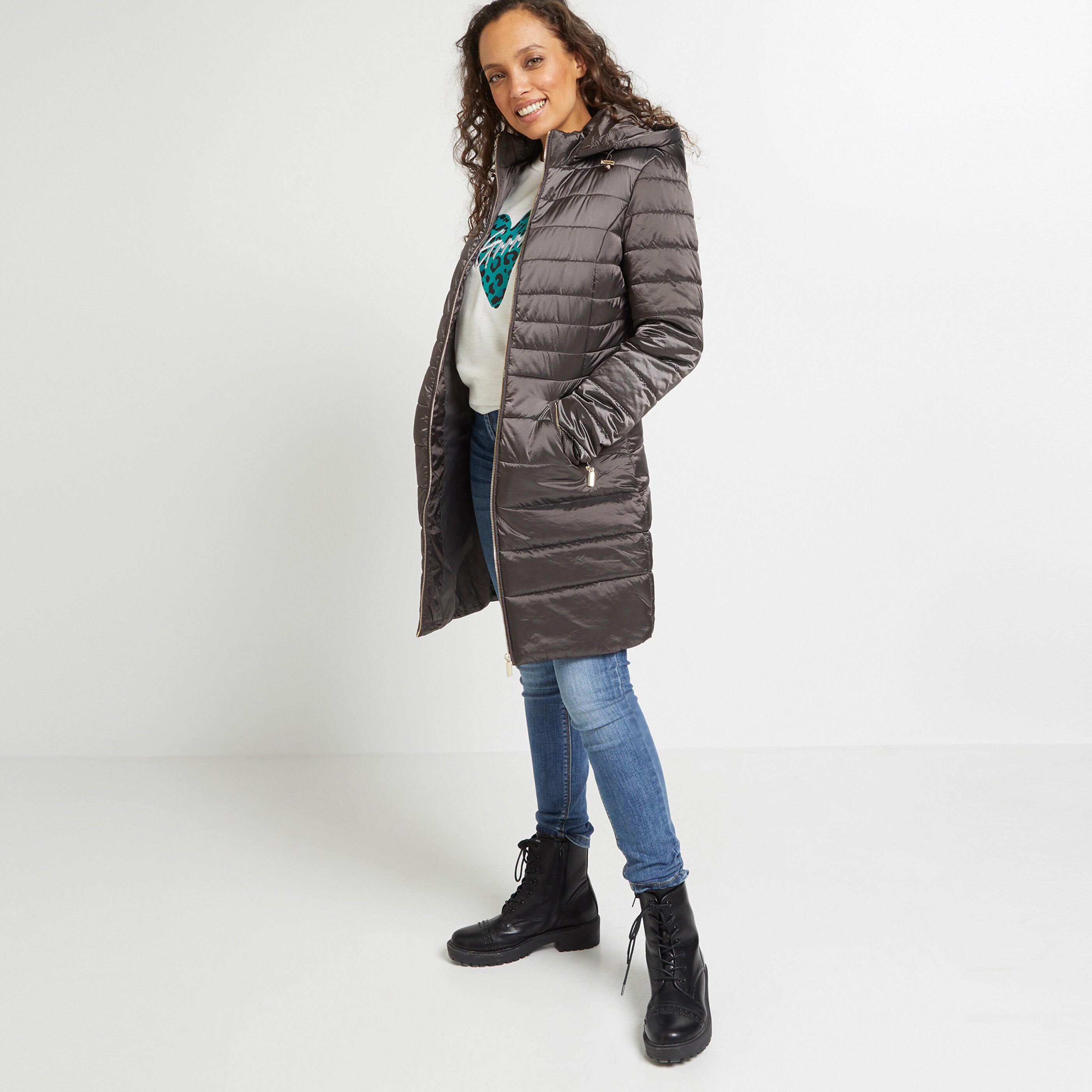 Doudoune fine longue femme - GRIS