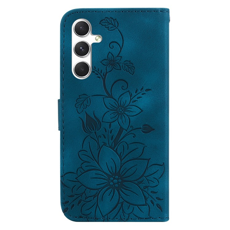 Samsung Galaxy S25 Leder Tasche Wallet - Blumen Imprint - Dunkelblau