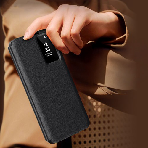Samsung Galaxy S25 Ultra Leder Hülle Small Window View Flip Case Litchi Look- Schwarz