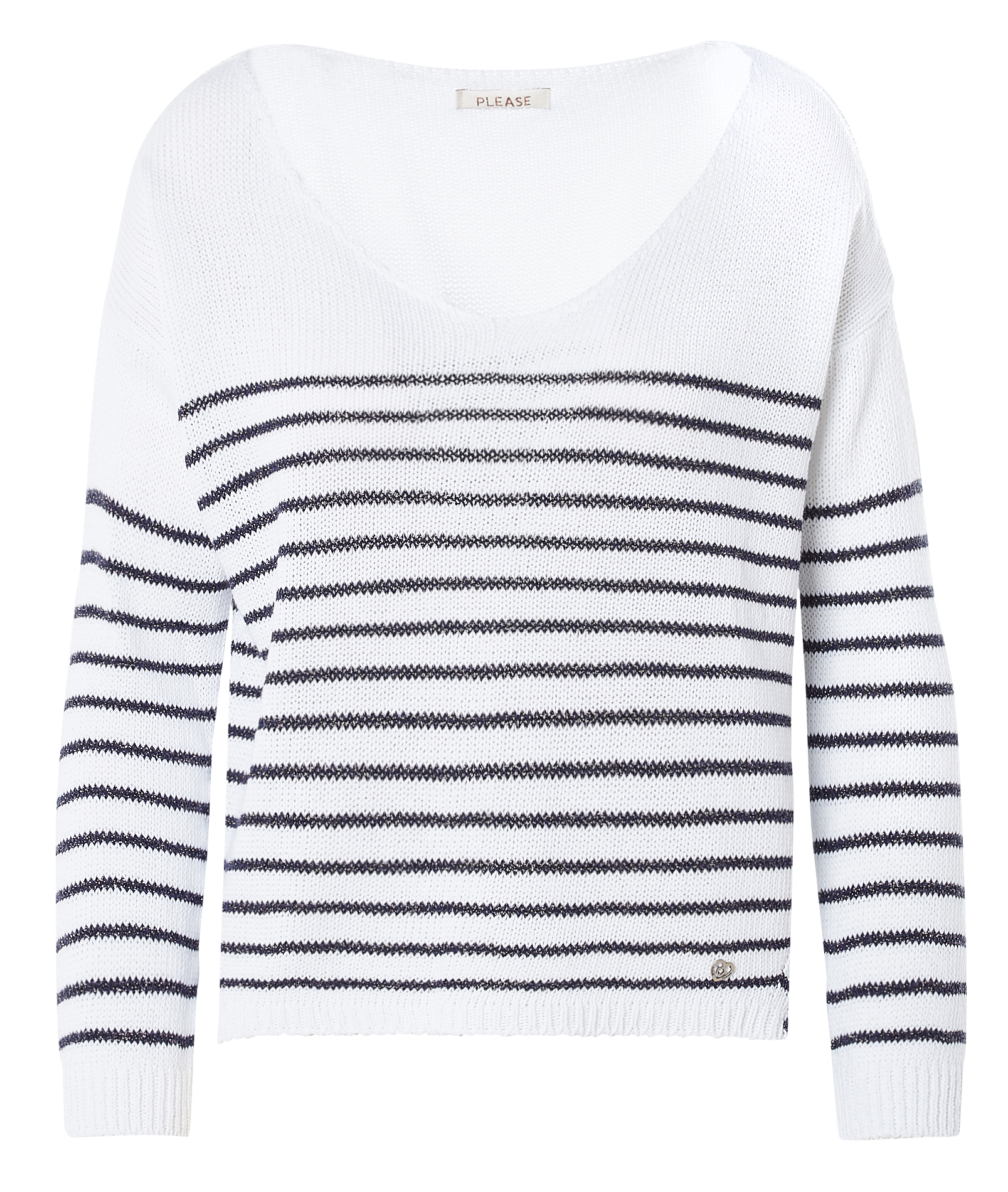 Pull col V à rayures en coton mélangé| Blanc
