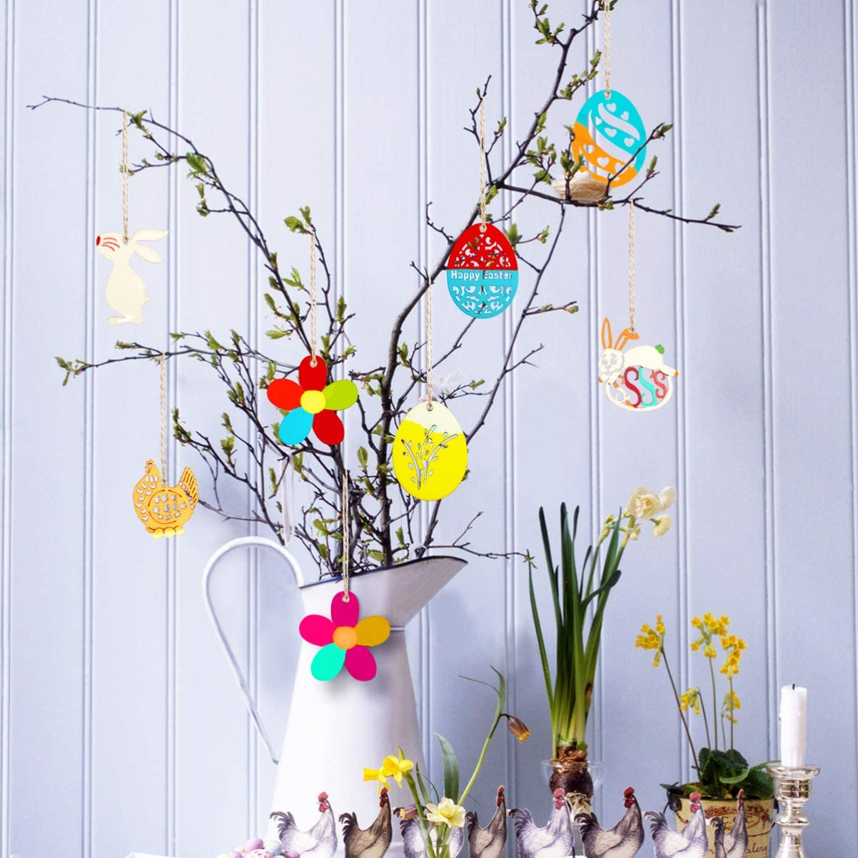 (20er Set) DIY Oster Geschenk Anhänger Bastel Home Deko Hase / Blume / Osterei Holzscheiben   Packschnur - Braun