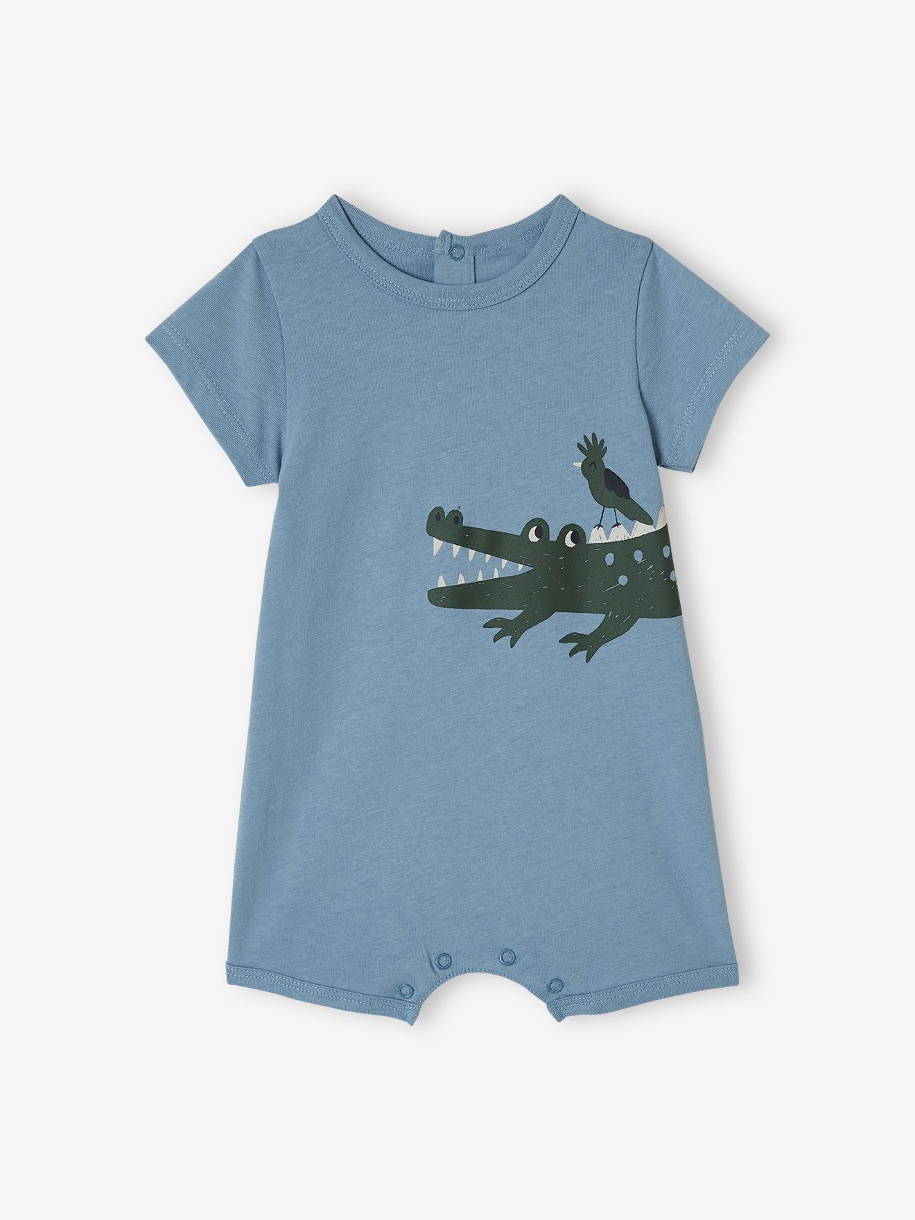 Macacão curto com estampa de bichinho de pelúcia para bebê, azul claro