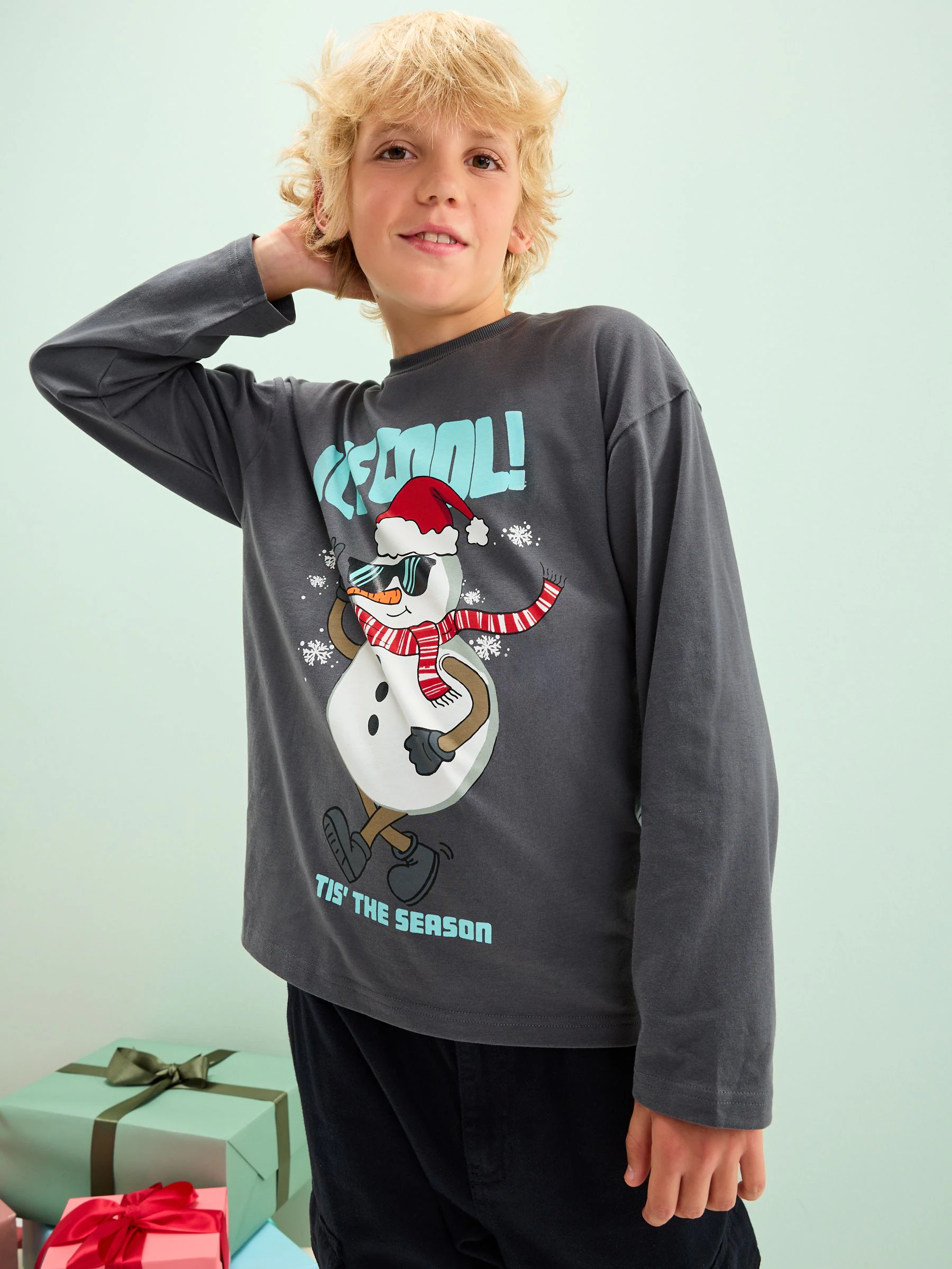 Grijze Ice Cool Sneeuwpop - Kerstmis T-shirt met Lange mouwen (3-16jr)