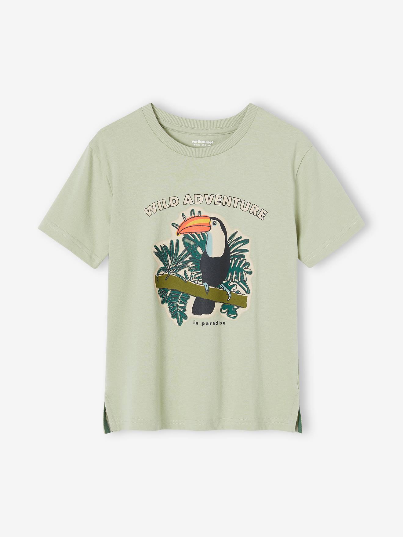 Camiseta infantil masculina com estampa de tucano, verde salgueiro.