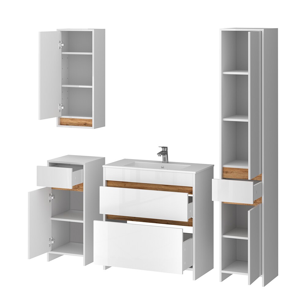 Vicco Badmöbel-Set Detmold Weiß Hochglanz Eiche 80 cm 5 Teile