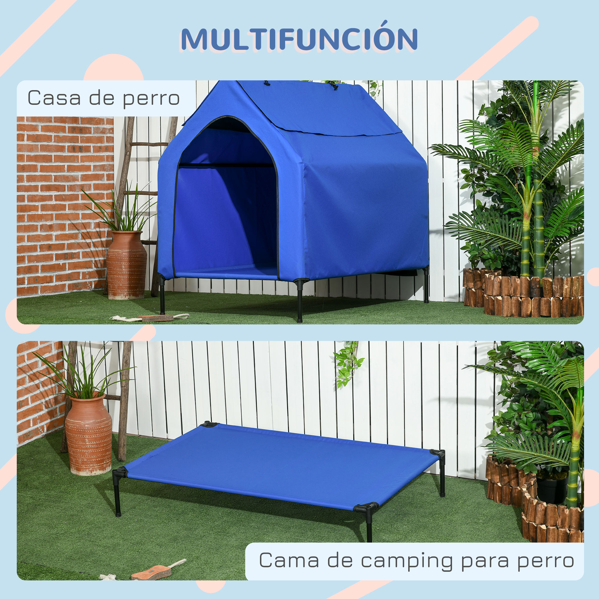 Casinha para cães PawHut, 110x76x110 cm, cama elevada para animais de estimação com capa removível e janelas de tela para cães de grande e extra grande porte, azul.