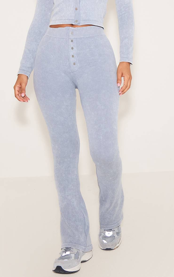 Gris Chiné Legging Évasé Côtelé Ajusté À Détails Boutons Petite