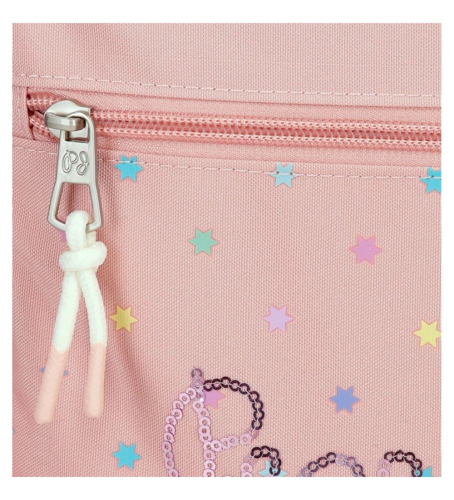 Mochila escolar Pepe Jeans Carina com dois compartimentos, adaptável a um carro rosa.