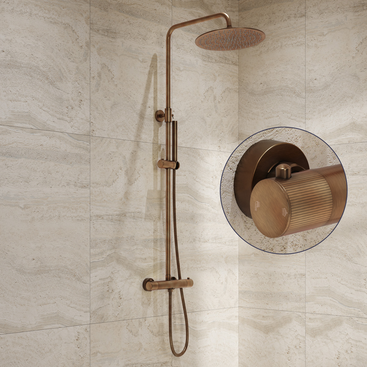 Saniclear Antique Stripes opbouw regendouche verouderd messing met 20cm hoofddouche