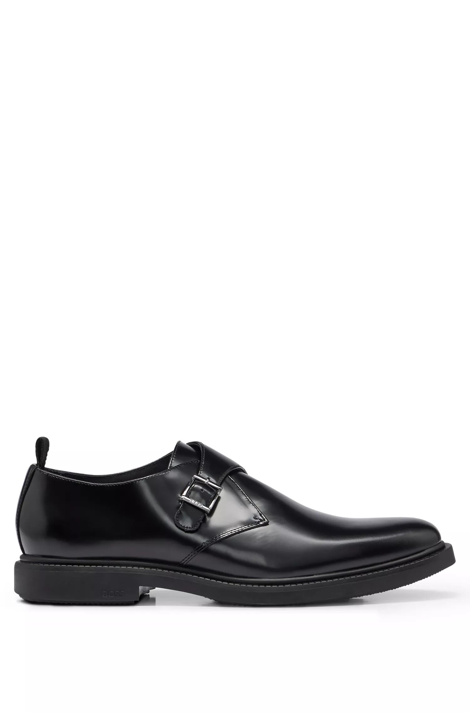 Sapatos BOSS pretos de fivela única em couro escovado.