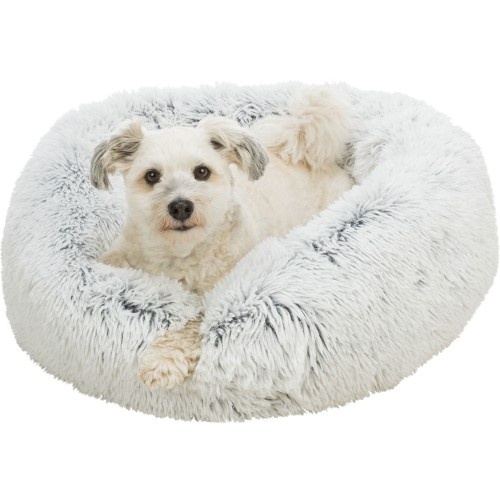 Cama redonda Trixie Harvey para cães, branca e preta.