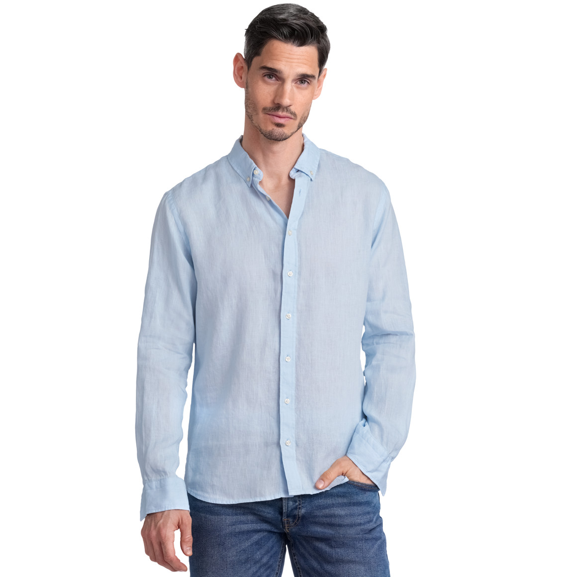 VanVaan Herren Leinen-Hemd mit Button-Down-Kragen hellblau