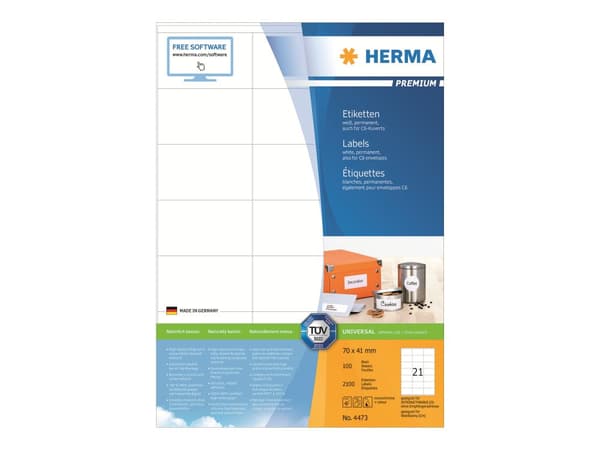 HERMA Premium - Papir - matt - permanent selv-adhesiv - hvit - 70 x 41 mm 2100 etikett(er) (100 ark x 21) laminerte etiketter