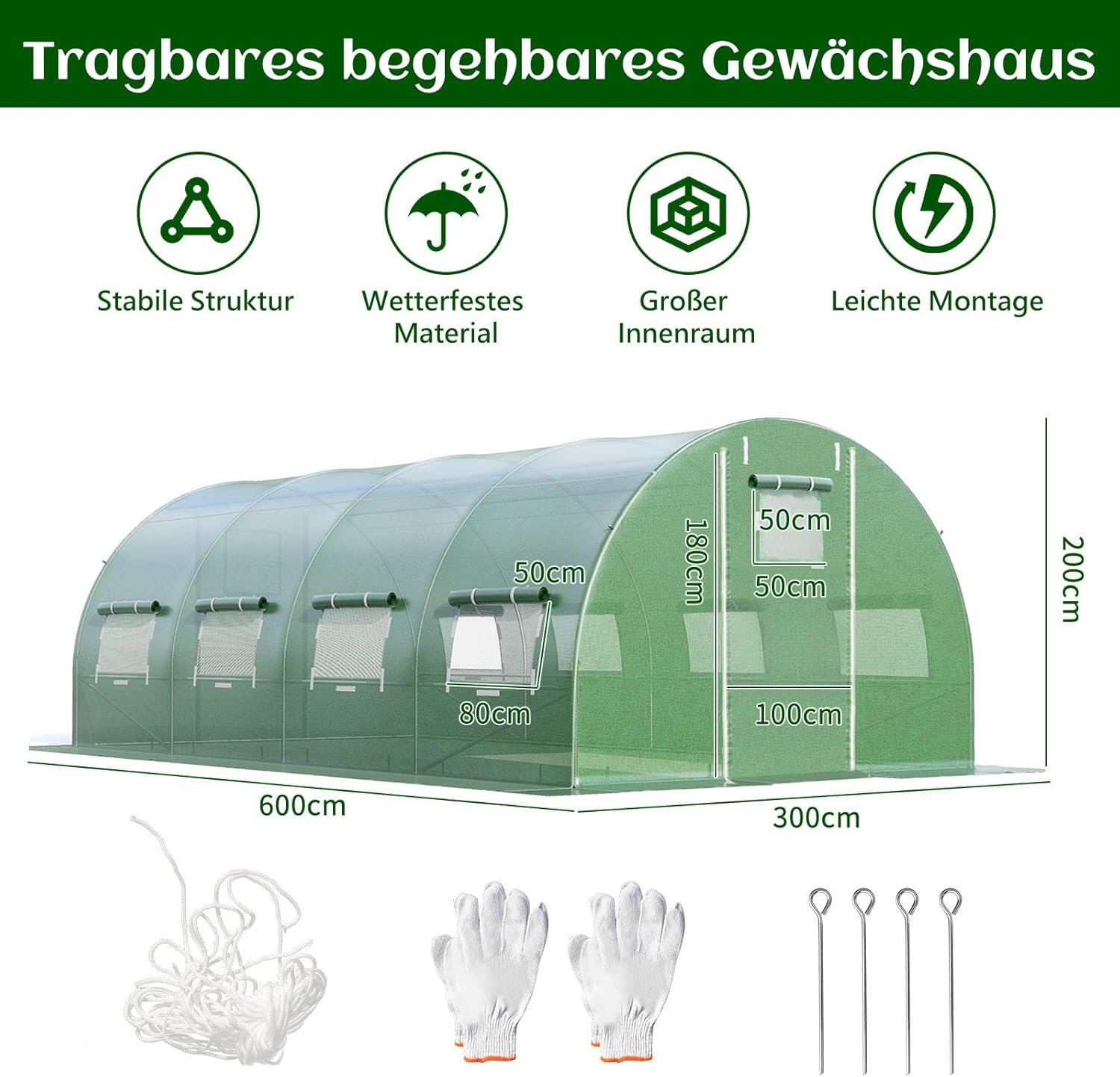 GOPLUS 6x3x2m Gewächshaus mit Metallrahmen, 18m² Gartengewächshäuser mit 8 Fenstern & 2 Türen, Foliengewächshaus für Bauernhof, Hinterhof & Garten (6x3x2m)