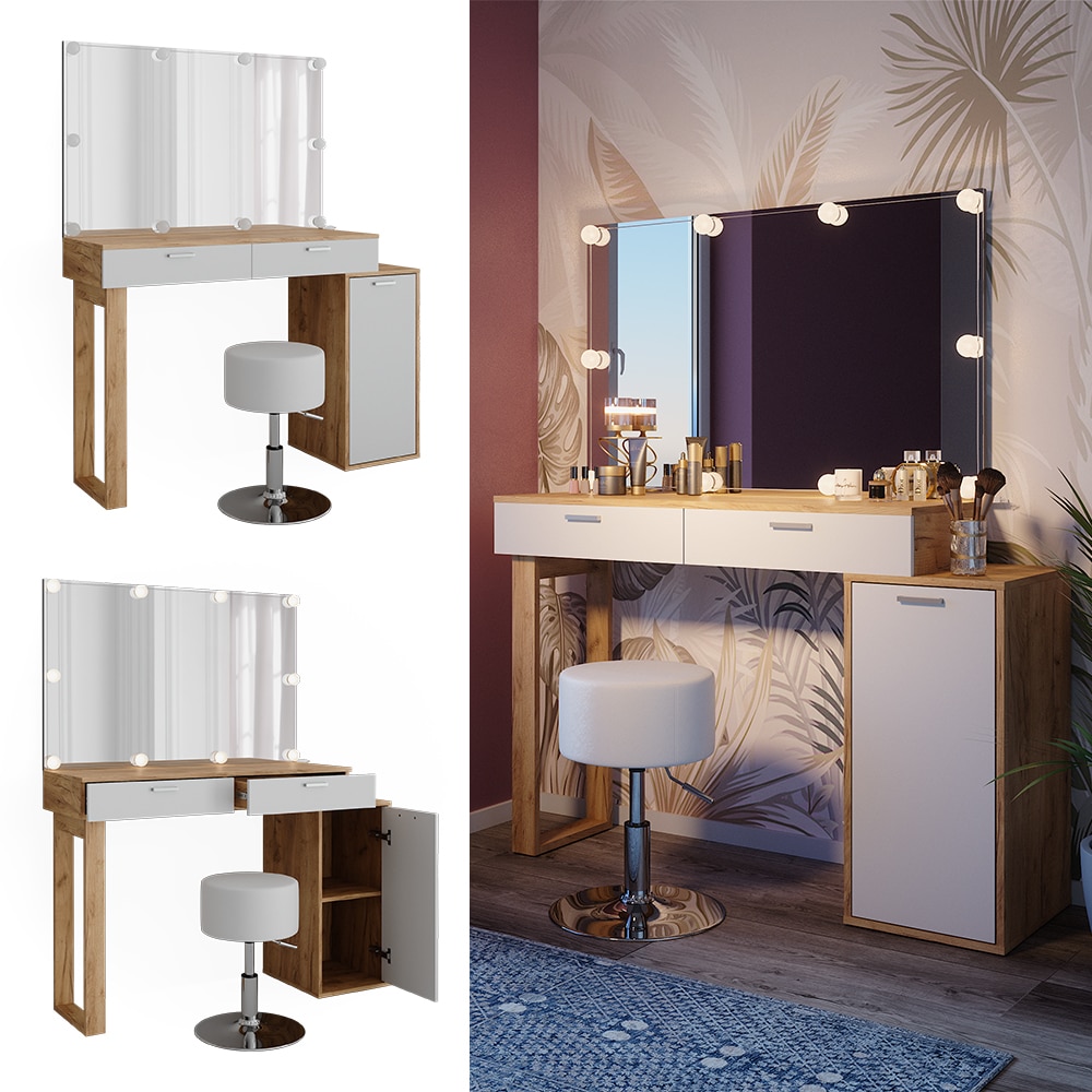 Vicco Schminktisch Regina Eiche Weiß 130 cm mit Beleuchtung und Hocker