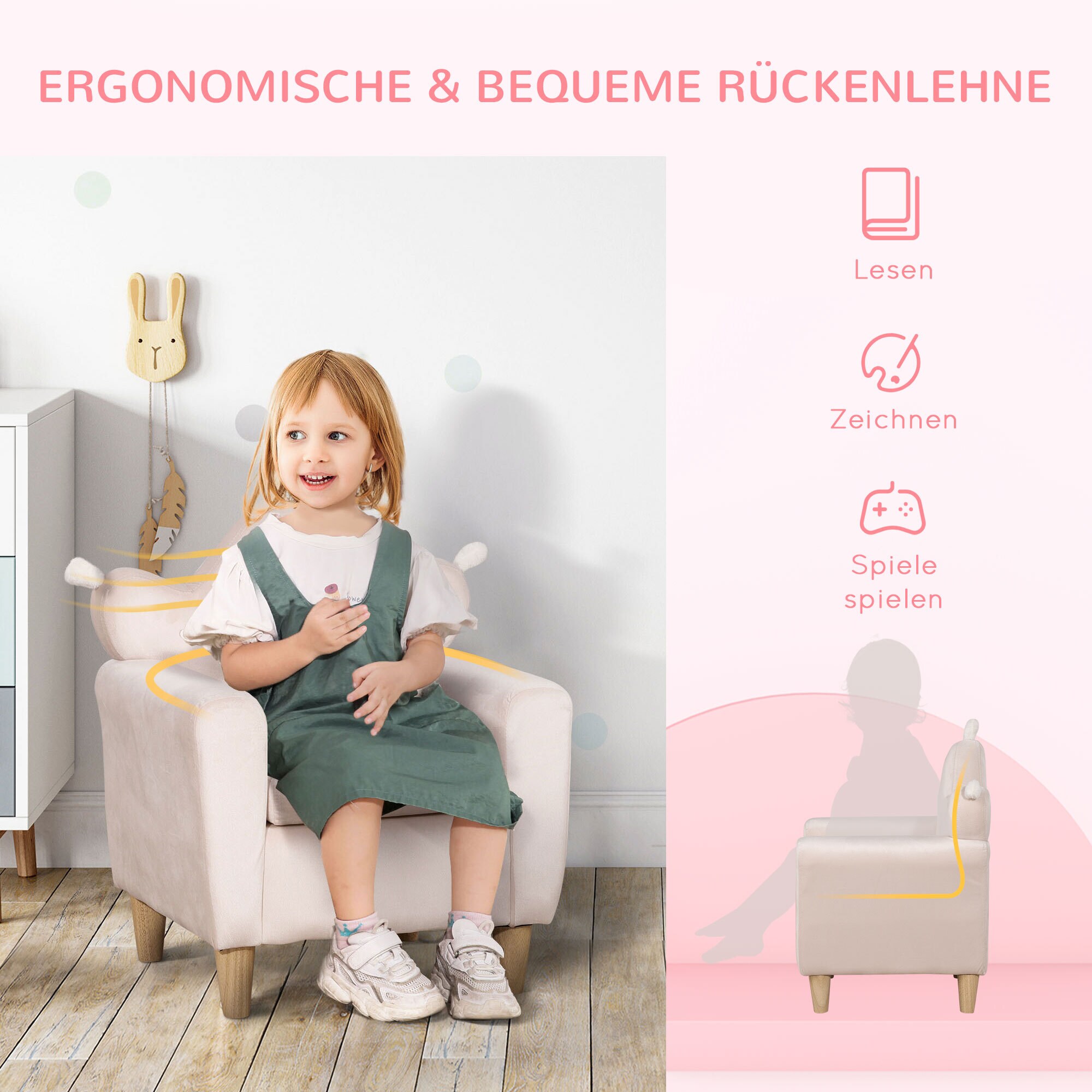 HOMCOM Kindersofa mit Sitzkissen rosa 50L x 42B x 58H cm