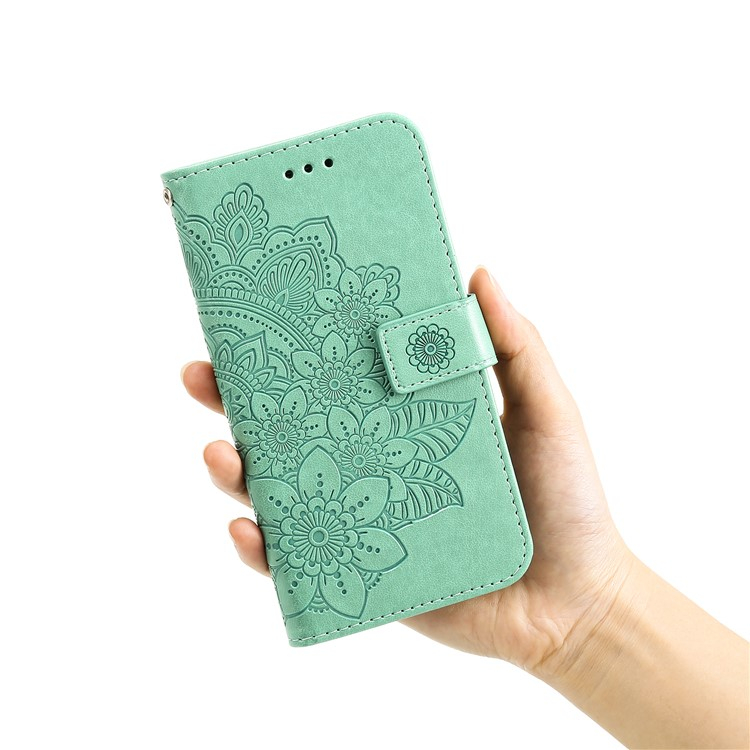 iPhone 16e Leder Tasche Wallet - Mandala Flowers Imprint - Türkis