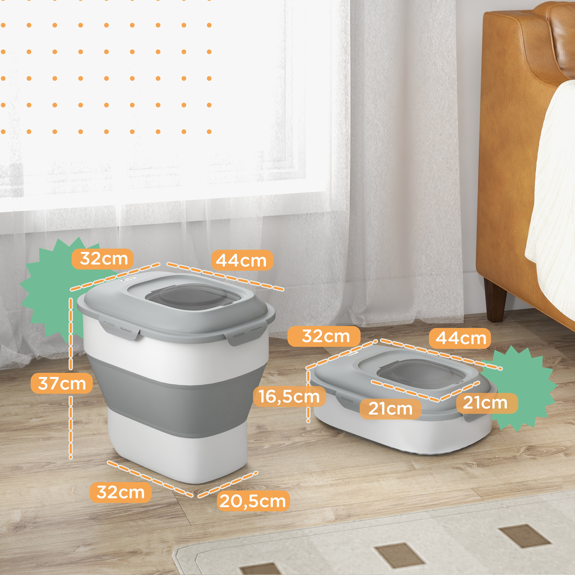Recipiente dobrável PawHut de 25 litros para ração de cães, com rodas, copo medidor, tigela dobrável e pá, ideal para armazenar alimentos para animais de estimação, na cor cinza.