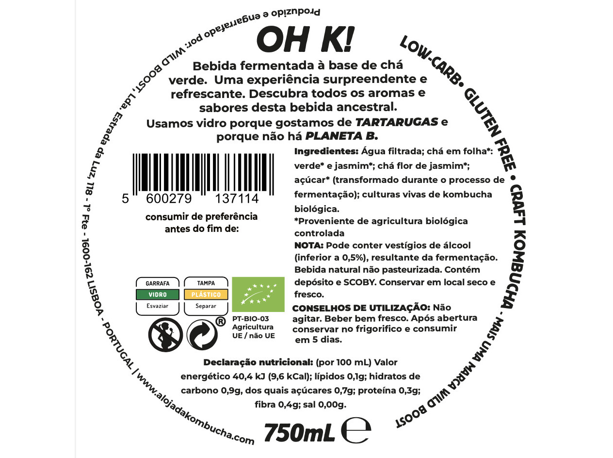 KOMBUCHA BIO OH K! PURE (CHÁ VERDE JASMIM) 750 ML