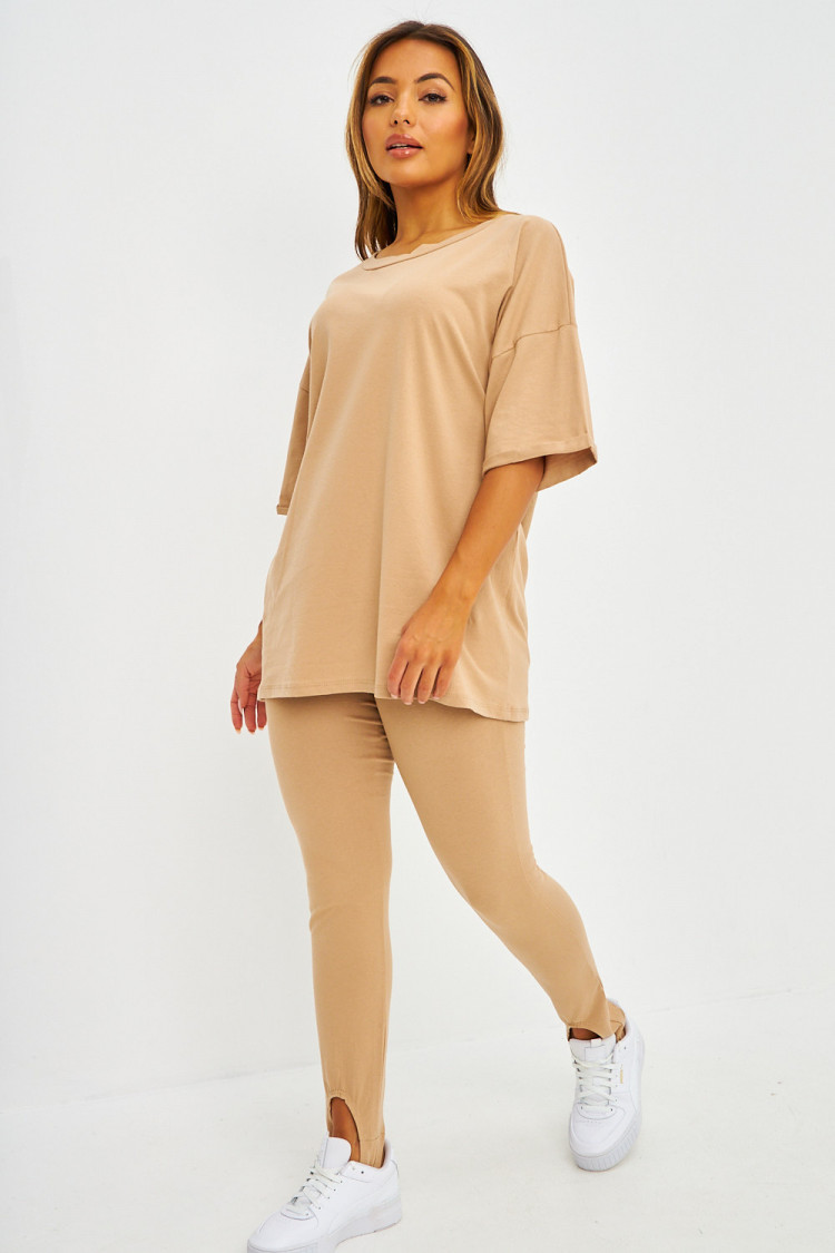 Ensemble beige chiné 2 pièces t-shirt oversize + legging fuseau